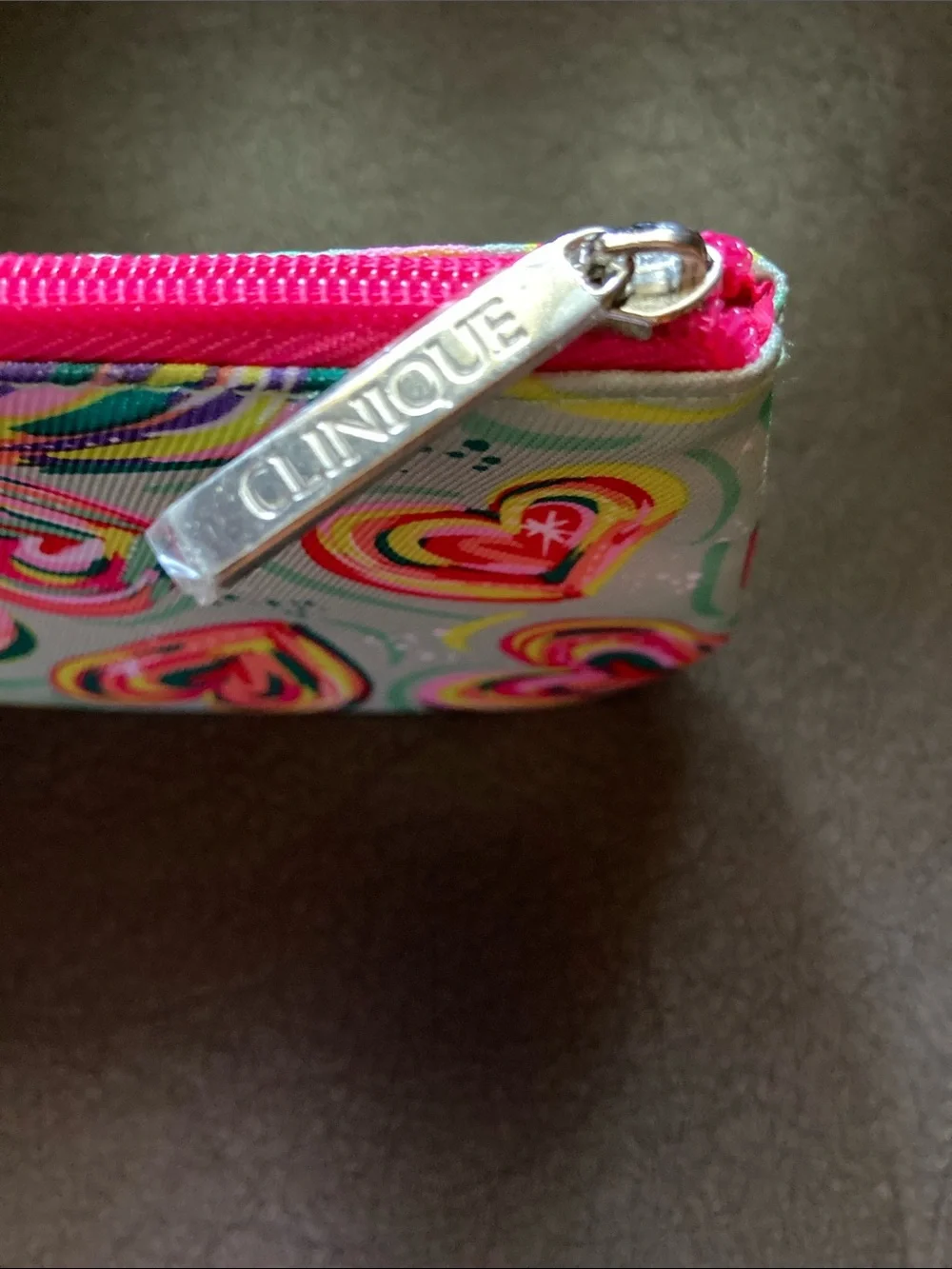 Clinique Multicolor Heart Print Cosmetic Pouch with Hot Pink Zipper